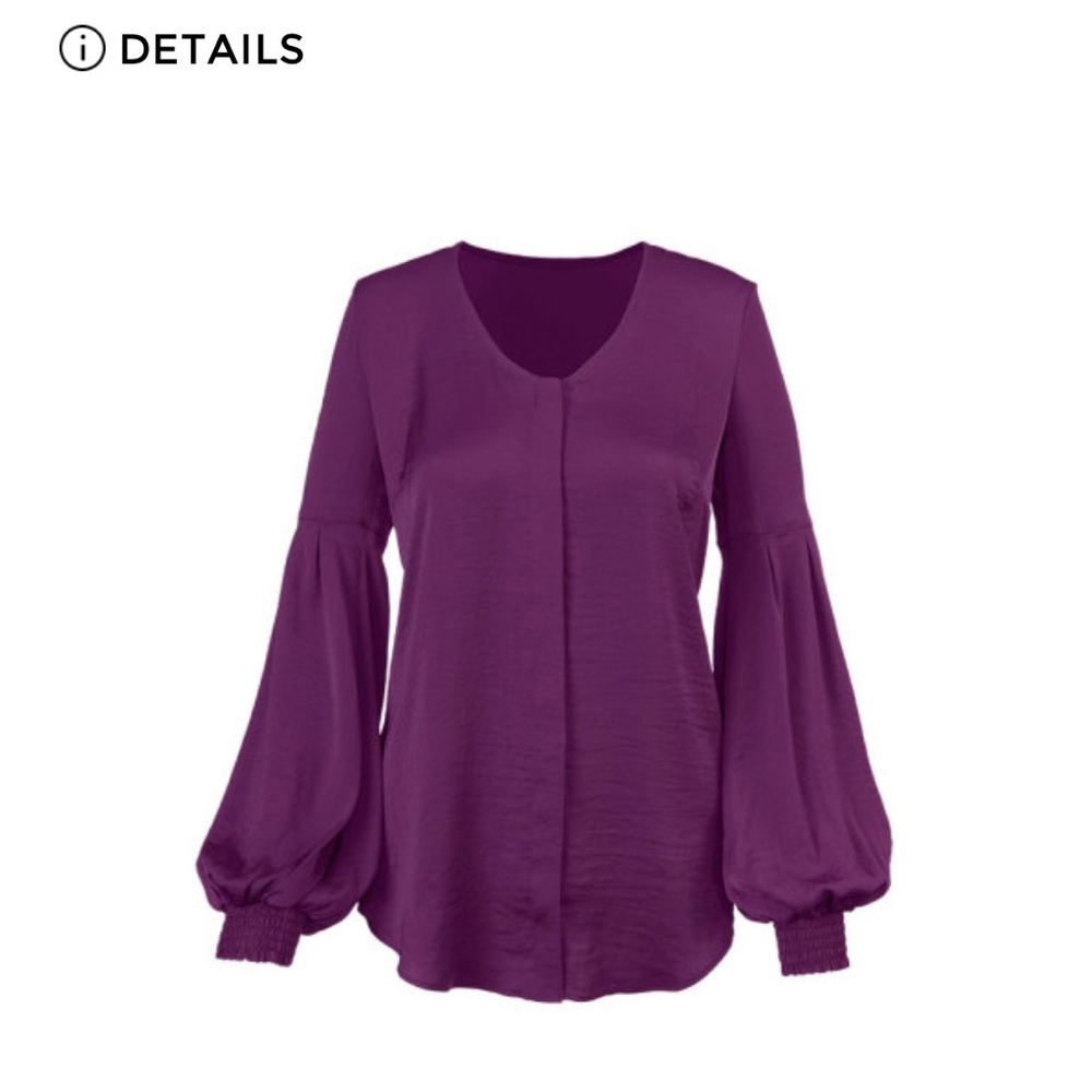 CAbi Beguile Blouse with plum balloon sleeve (S)